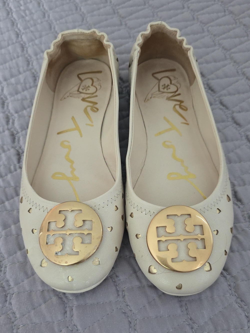 Tory Burch Minnie Travel Ivory Leather Logo Ballet Flats with Gold Medallions